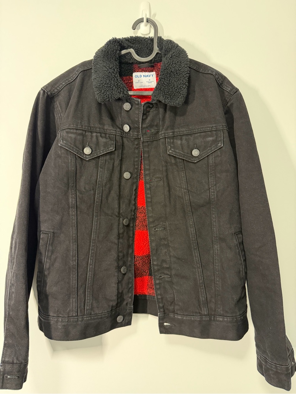 Old Navy Black Sherpa-Collar Trucker Jacket with Red Plaid Lining
